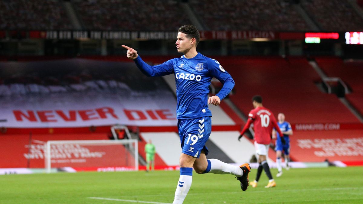 James Rodriguez of Everton celebrates after scoring their team's second goal during the Premier League match between Manchester United and Everton at Old Trafford on February 06, 2021 in Manchester, England.