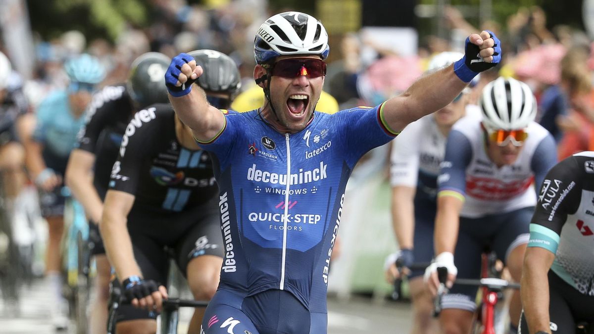 Mark Cavendish of Great Britain and Deceuninck - Quick Step celebrates winning stage 4 of the 108th Tour de France 2021, a stage of 150 km from Redon to Fougeres