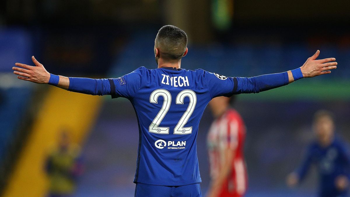 Hakim Ziyech of Chelsea celebrates after scoring their team's first goal during the UEFA Champions League Round of 16 match between Chelsea FC and Atletico Madrid at Stamford Bridge on March 17, 2021 in London, England.