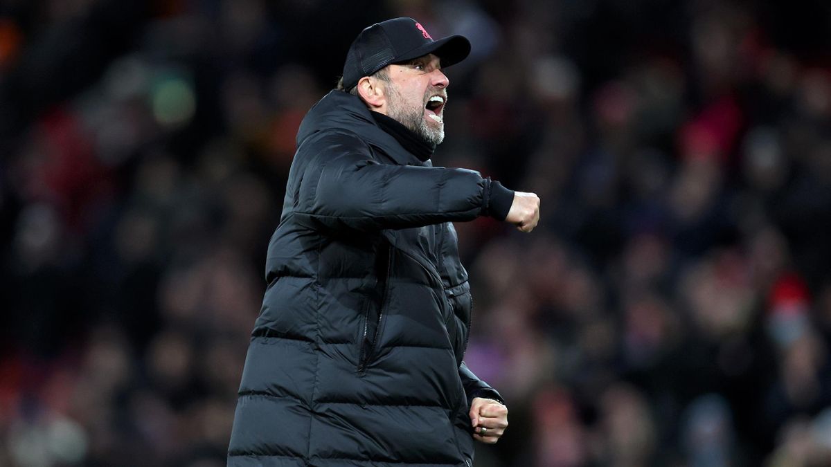 Jurgen Klopp, manager of Liverpool celebrates following the Premier League match between Liverpool and Leeds United at Anfield on February 23, 2022