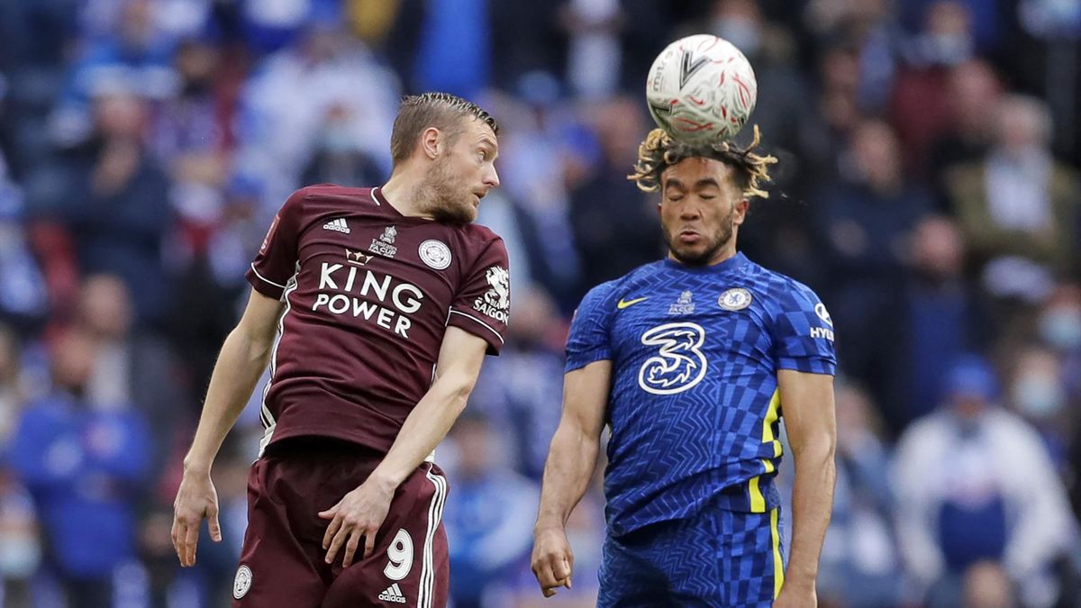 Leicester City's English striker Jamie Vardy (L) vies with Chelsea's English defender Reece James (R) during the English FA Cup final football match between Chelsea and Leicester City at Wembley Stadium in north west London on May 15, 2021