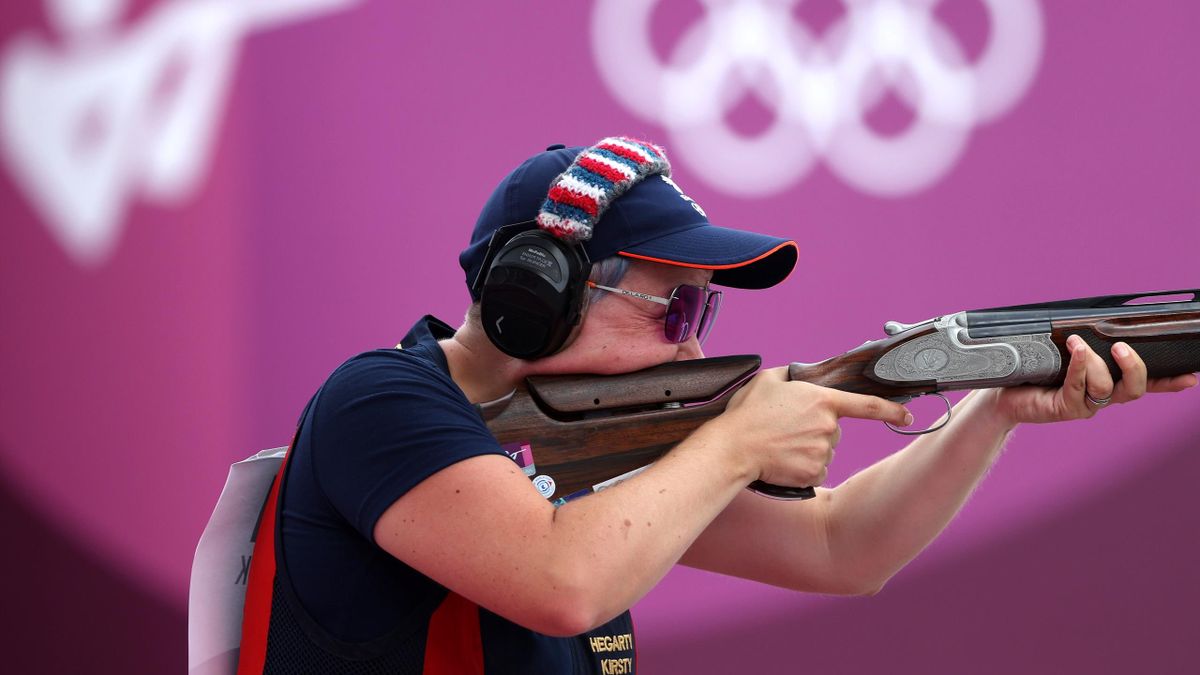 Kirsty Hegarty of Team Great Britain competes in Trap Mixed Team Qualification on day eight of the Tokyo 2020 Olympic Games at Asaka Shooting Range on July 31, 2021 in Asaka, Saitama, Japan
