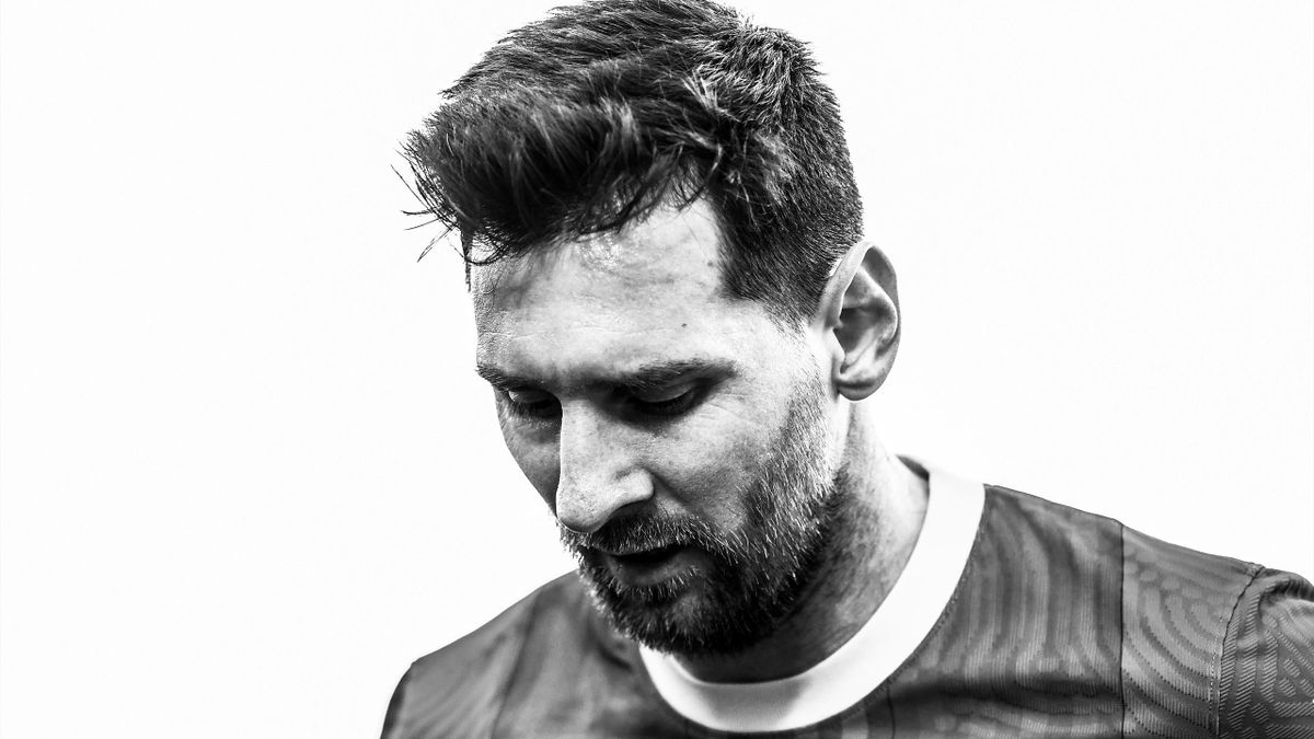 Lionel Messi of FC Barcelona looks on during the La Liga Santander match between FC Barcelona and Atletico de Madrid at Camp Nou on May 08, 2021 in Barcelona, Spain.