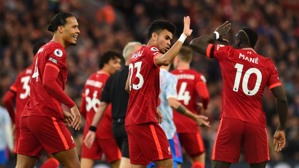Luis Diaz esulta dopo il gol in Liverpool-Manchester United - Premier League 2021-22