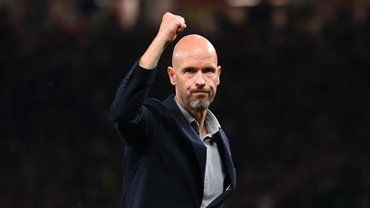 Erik ten Hag, Manager of Manchester United celebrates after victory in the Premier League match between Manchester United and Liverpool FC at Old Trafford on August 22, 2022 in Manchester, England.