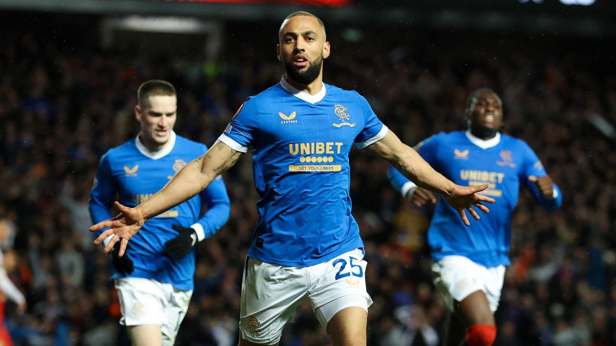 GLASGOW, SCOTLAND - APRIL 14: Rangers' Kemar Roofe celebrates scoring in extra time to make it 3-1 during a UEFA Europa League Quarter Final 2nd Leg match between Rangers and SC Braga at Ibrox, on April 14, 2022, in Glasgow, Scotland. (Photo by Craig Will