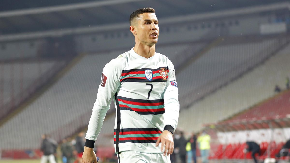 Cristiano Ronaldo of Portugal reacts during the FIFA World Cup 2022 Qatar qualifying match between Serbia and Portugal at FK Crvena Zvezda stadium on March 27, 2021 in Belgrade, Serbia