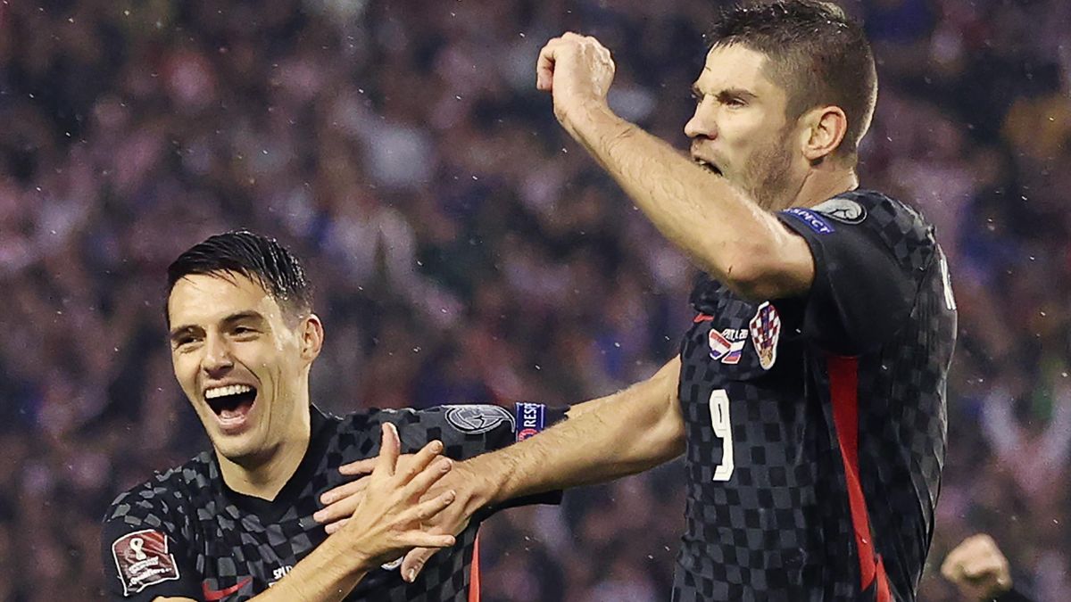 Croatia's Josip Brekalo (L) and Andrej Kramaric celebrate a goal in a 2022 FIFA World Cup Group H Qualifying Round football match against Russia at Poljud Stadium. Sergei Bobylev/TASS (Photo by Sergei Bobylev\TASS via Getty Images)