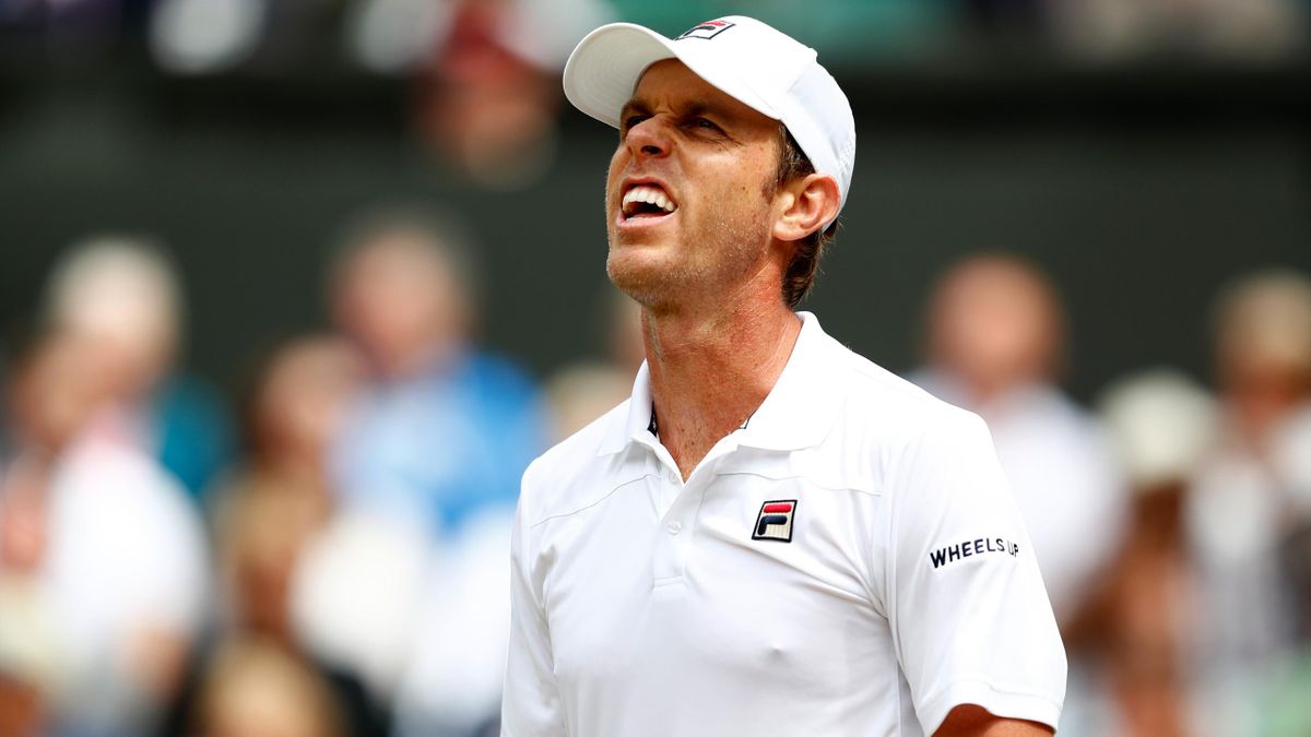 Sam Querrey of The United States reacts during the Gentlemen's Singles semi final match against Marin Cilic of Croatia on day eleven of the Wimbledon Lawn Tennis Championships at the All England Lawn Tennis