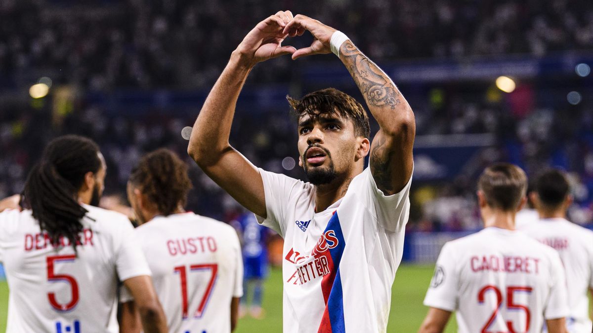Lucas Paqueta of Olympique Lyon celebrates his goal during the Ligue 1 Uber Eats match between Lyon and Strasbourg at Groupama Stadium on September 12, 2021 in Lyon, France.