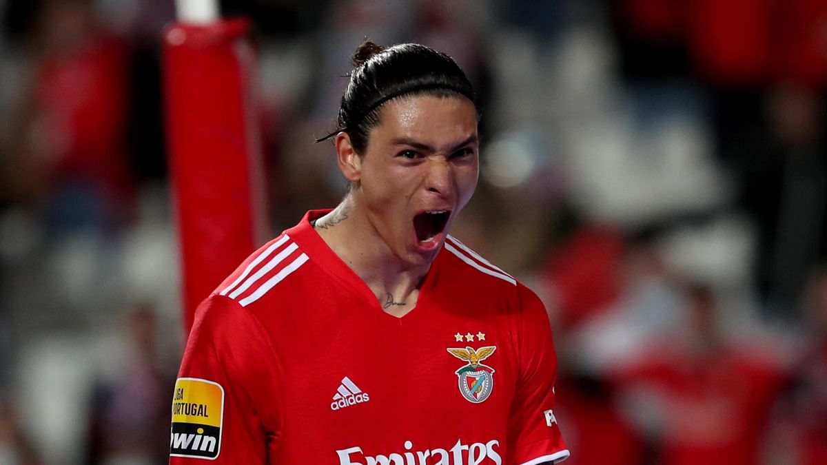 Darwin Nunez of SL Benfica celebrates after scoring a goal during the Portuguese League football match between SL Benfica and CD Santa Clara at the Luz stadium in Lisbon, Portugal on February 12, 2022. (Photo by Pedro Fiúza/NurPhoto via Getty Images)