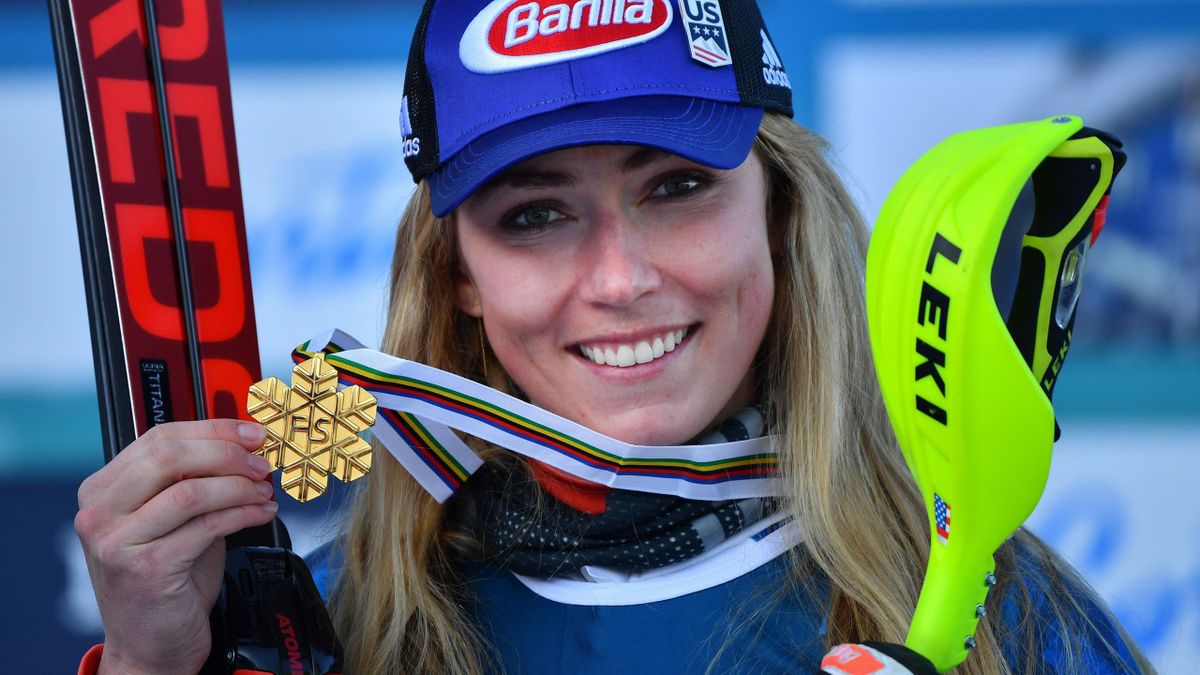 American Mikaela Shiffrin poses with her gold medal after winning the Wowen's Alpine combined event