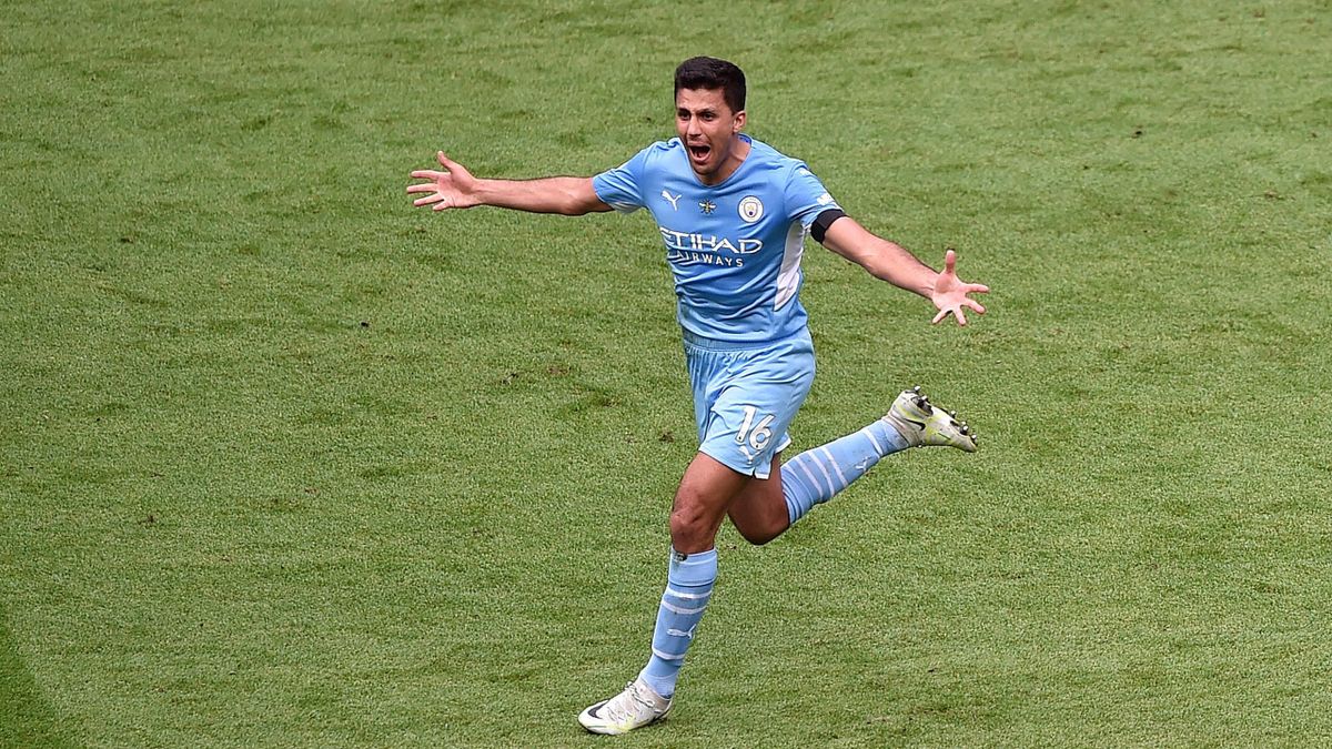 Rodrigo of Manchester City celebrates after scoring their team's second goal during the Premier League match between Manchester City and Aston Villa at Etihad Stadium on May 22, 2022 in Manchester, England