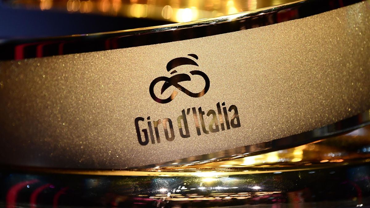The logo of the Giro d'Italia cycling race is pictured on the winner's "Never ending trophy" (Trofeo Senza Fine) during the presentation of the Giro d'Italia 2020 on October 24, 2019 in Mila