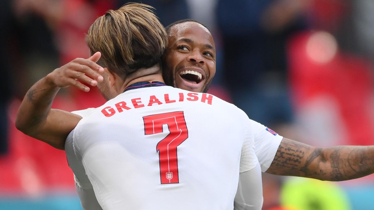 Raheem Sterling of England celebrates with Jack Grealish after scoring their side's first goal during the UEFA Euro 2020 Championship Group D match between Czech Republic and England at Wembley Stadium on June 22, 2021 in London, England.