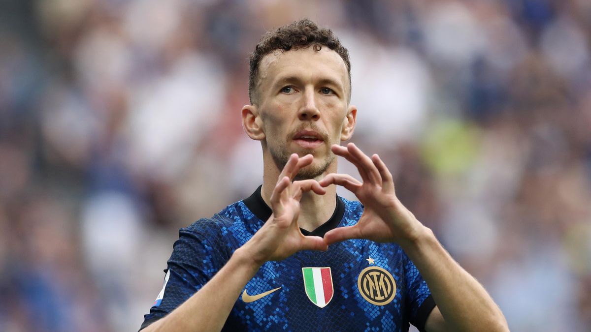 Ivan Perisic of FC Internazionale celebrates after scoring their side's first goal during the Serie A match between FC Internazionale and UC Sampdoria at Stadio Giuseppe Meazza on May 22, 2022 in Milan, Italy.