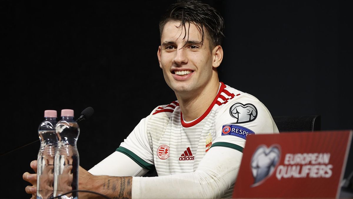 Dominik Szoboszlai of Hungary speaks to the media after the UEFA EURO 2020 Play-Off Final between Hungary and Iceland