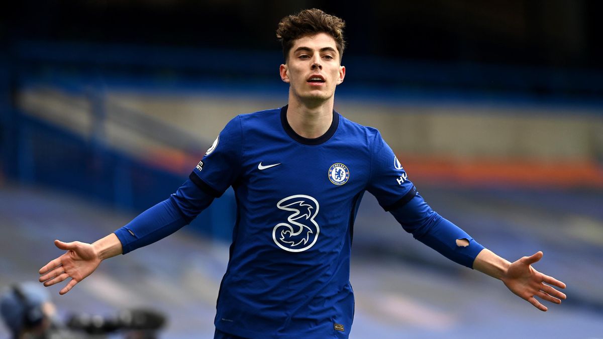 Kai Havertz of Chelsea celebrates after scoring their team's first goal during the Premier League match between Chelsea and Fulham at Stamford Bridge on May 01, 2021 in London, England