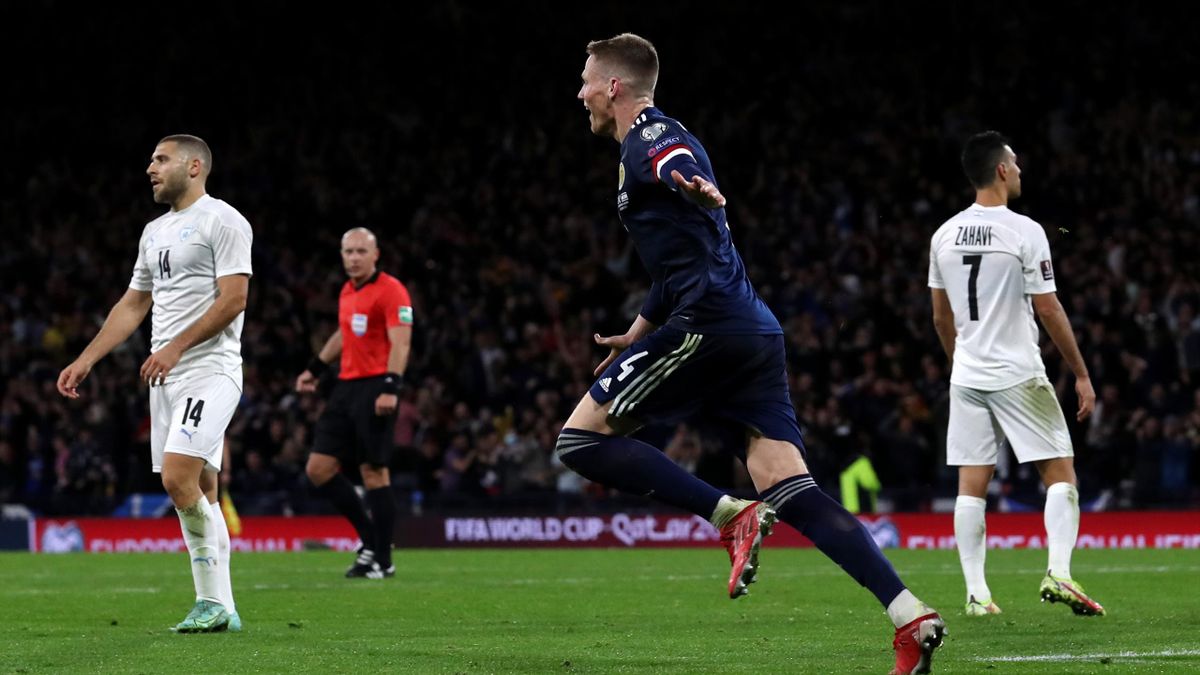 Scott McTominay of Scotland celebrates after scoring their team's third goal during the 2022 FIFA World Cup Qualifier match between Scotland and Israel at Hampden Park on October 09, 2021 in Glasgow, Scotland