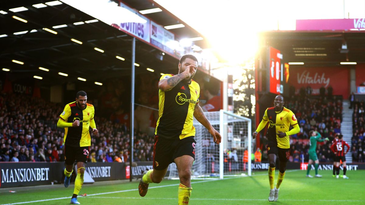 Troy Deeney of Watford celebrates after scoring his sides second goal during the Premier League match between AFC Bournemouth and Watford FC at Vitality Stadium on January 12, 2020 in Bournemouth, United Kingdom
