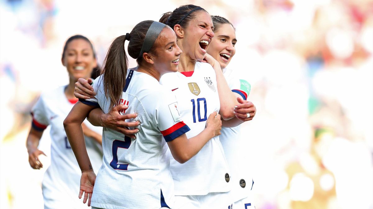 Carli Lloyd of the USA celebrates with teammates after scoring her team's third goal during the 2019 FIFA Women's World Cup France group F match between USA and Chile at Parc des Princes on June 16, 2019 in Paris, France.