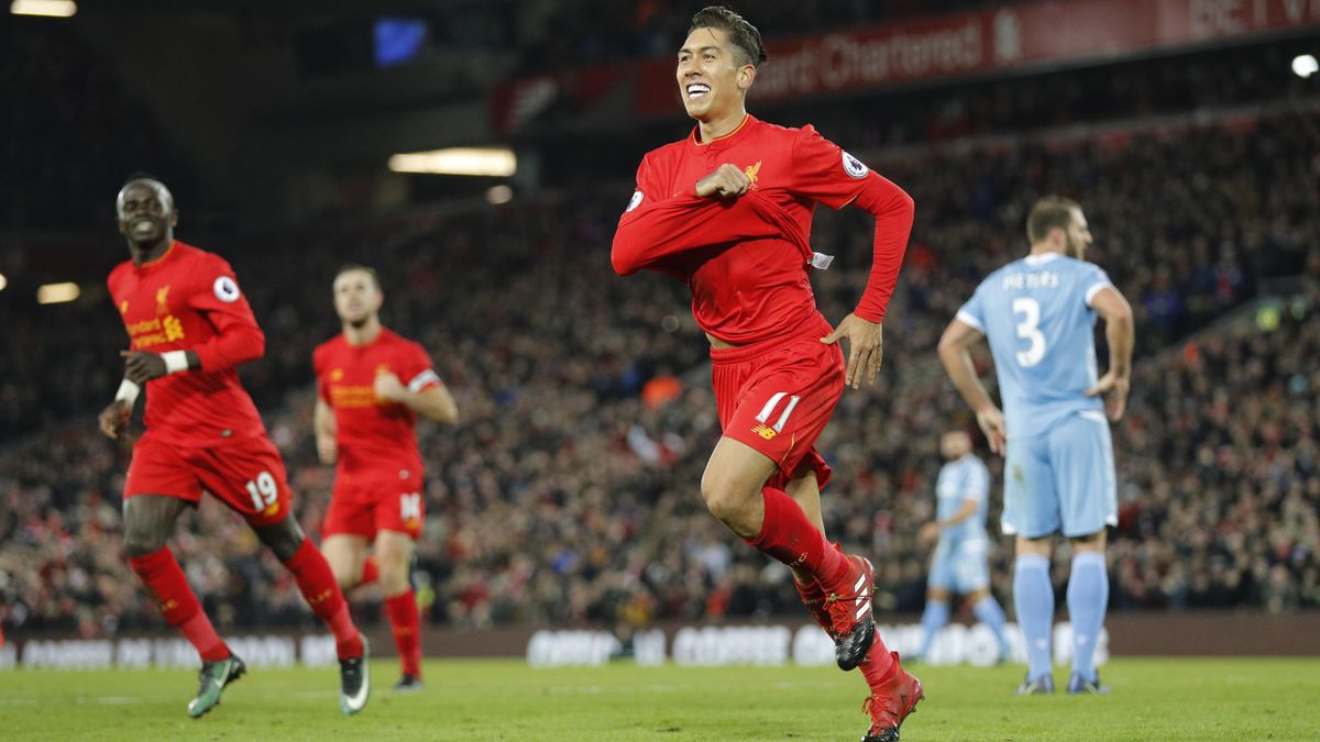 Liverpool's Roberto Firmino celebrates scoring their second goal