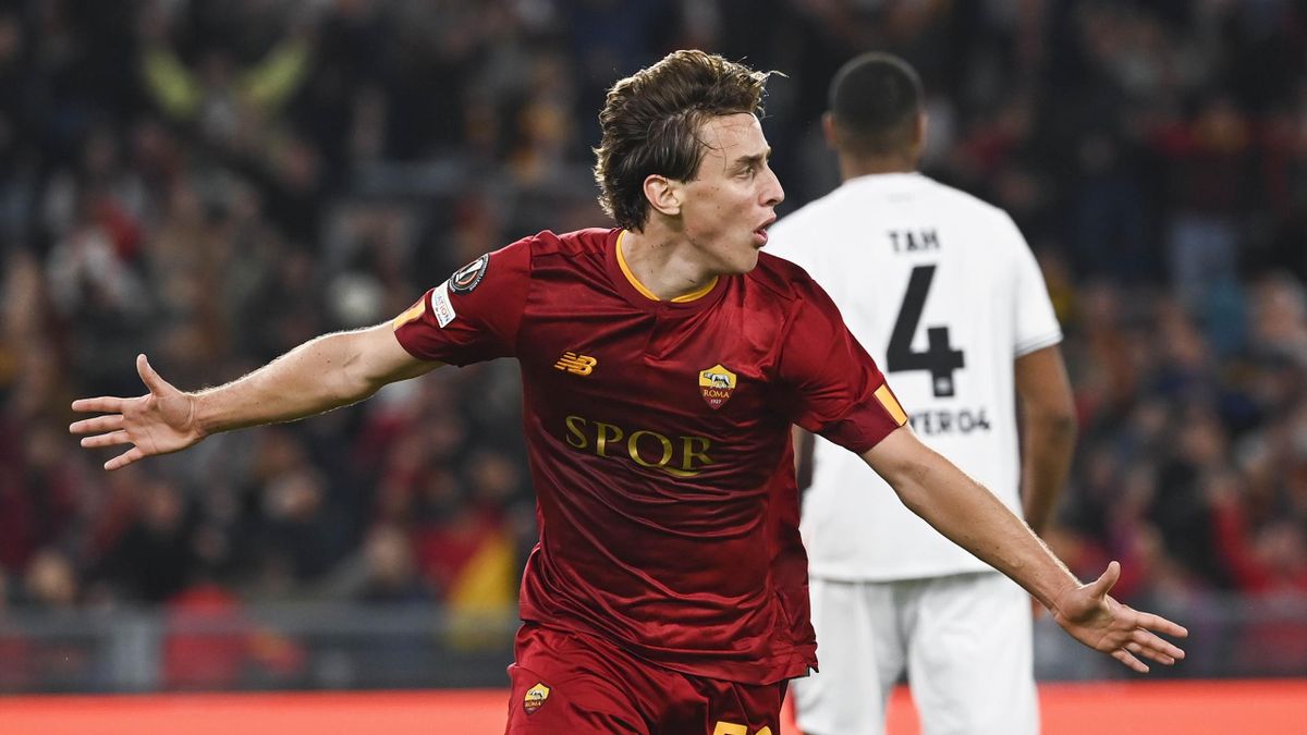 AS Roma player Edoardo Beve celebrates after scoring the team's first goal `during the UEFA Europa League semi-final first leg match between AS Roma and Bayer 04 Leverkusen at Stadio Olimpico on May 11, 2023 in Rome, Italy.