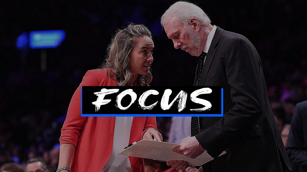 Assistant coach Becky Hammon with Gregg Popovich of the San Antonio Spurs during the game against the Brooklyn Nets at Barclays Center on February 25, 2019 in the Brooklyn borough of New York City.