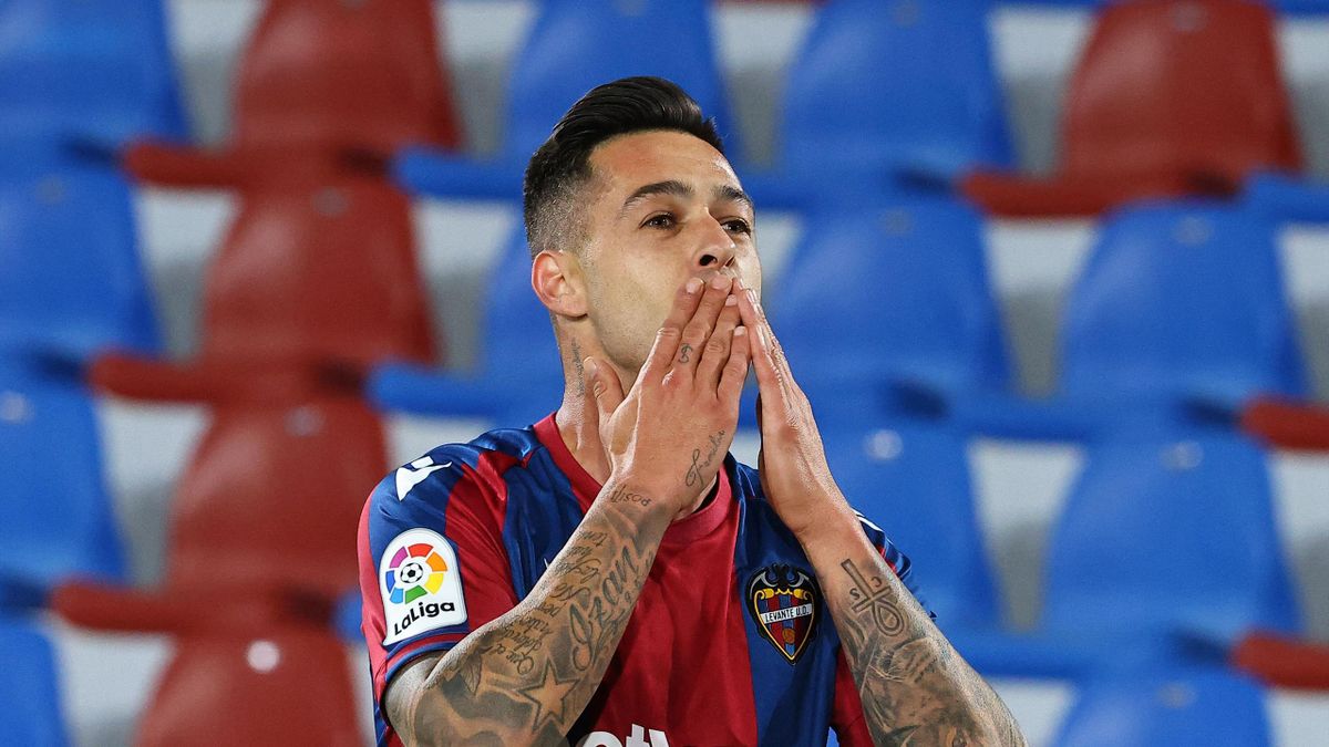 Levante's Spanish forward Sergio Leon celebrates after scoring a goal during the Spanish league football match Levante UD against FC Barcelona at the Ciutat de Valencia stadium in Valencia on May 11, 2021