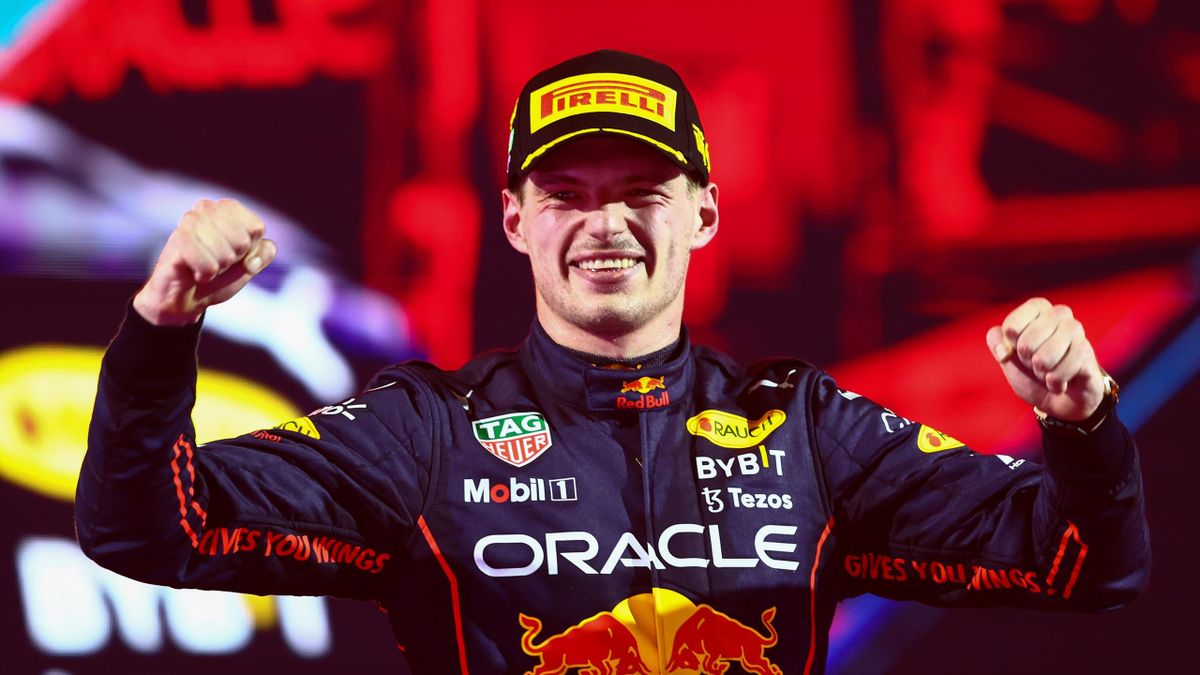 Race winner Max Verstappen of the Netherlands and Oracle Red Bull Racing celebrates on the podium during the F1 Grand Prix of Saudi Arabia at the Jeddah Corniche Circuit on March 27, 2022 in Jeddah, Saudi Arabia. (Photo by Mark Thompson/Getty Images)
