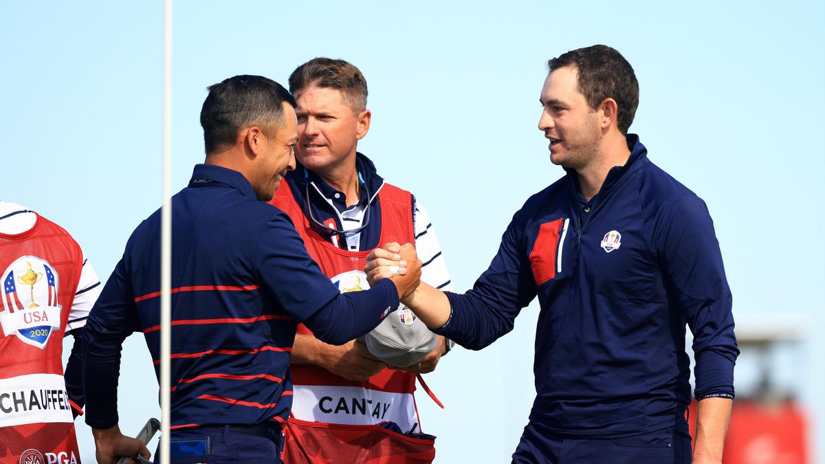 Patrick Cantlay and Xander Schauffele celebrate, 43rd Ryder Cup, Whistling Straits, Kohler, Wisconsin, September 24, 2021