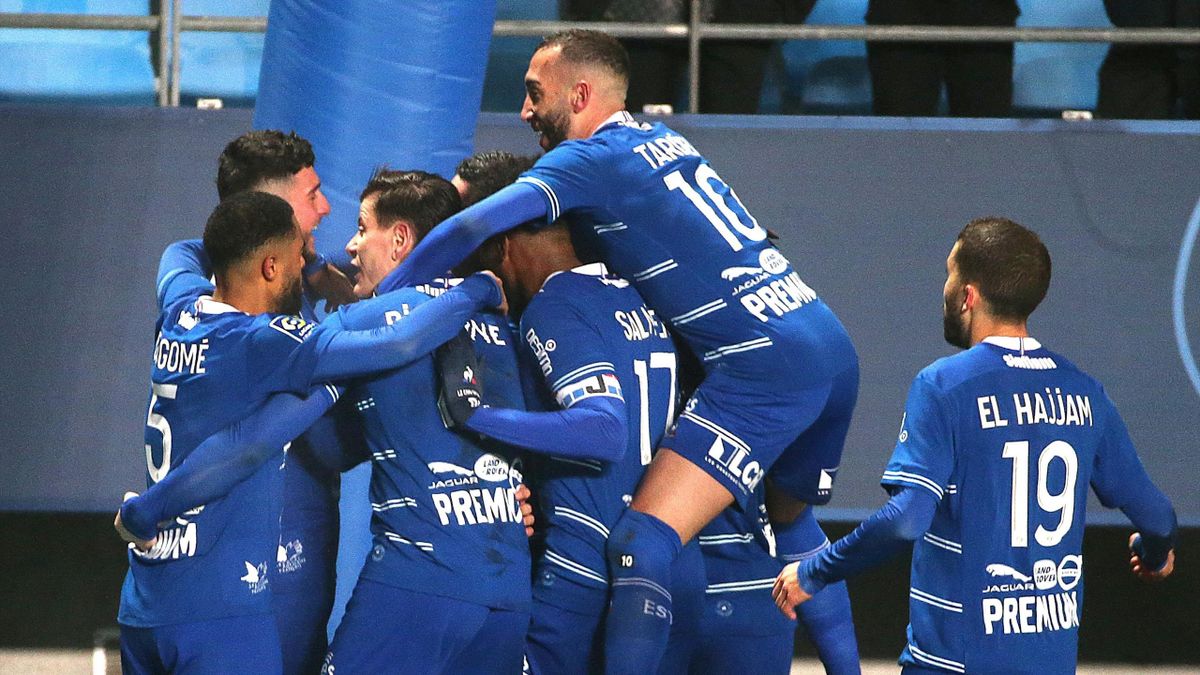 La joie de Troyes, vainqueur à Montpellier en Ligue 1, le 19 janvier 2022