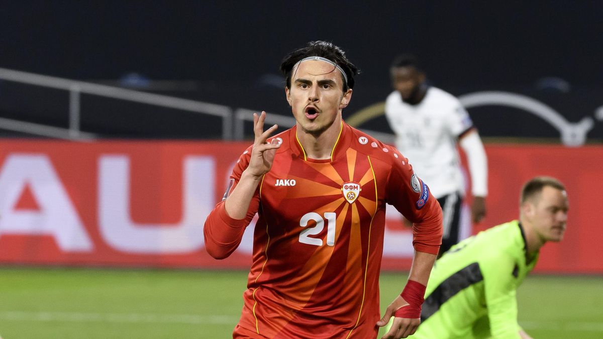 Eljif Elmas (Nordmazedonien) celebrates after scoring his team's second goal during the FIFA World Cup 2022 Qatar qualifying match between Germany and North Macedonia on March 31, 2021 in Duisburg, Germany.