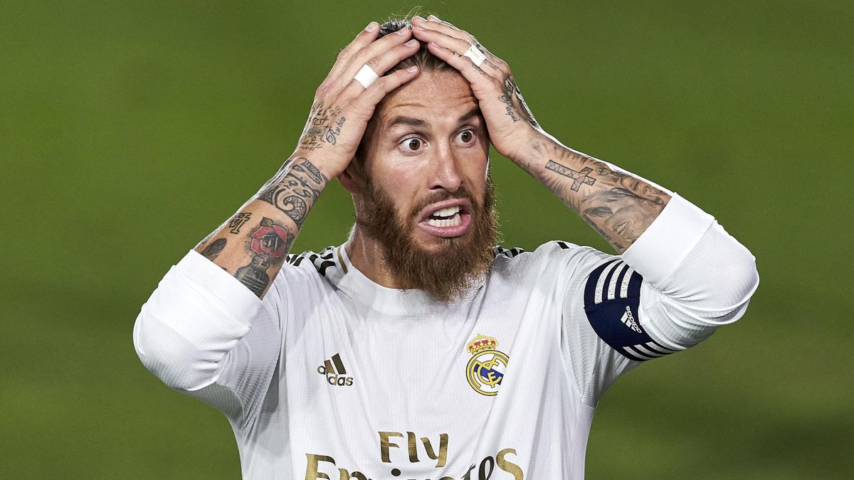 Sergio Ramos of Real Madrid CF reacts during the La Liga match between Real Madrid CF and Villarreal CF at Estadio Alfredo Di Stefano on July 16, 2020 in Madrid, Spain