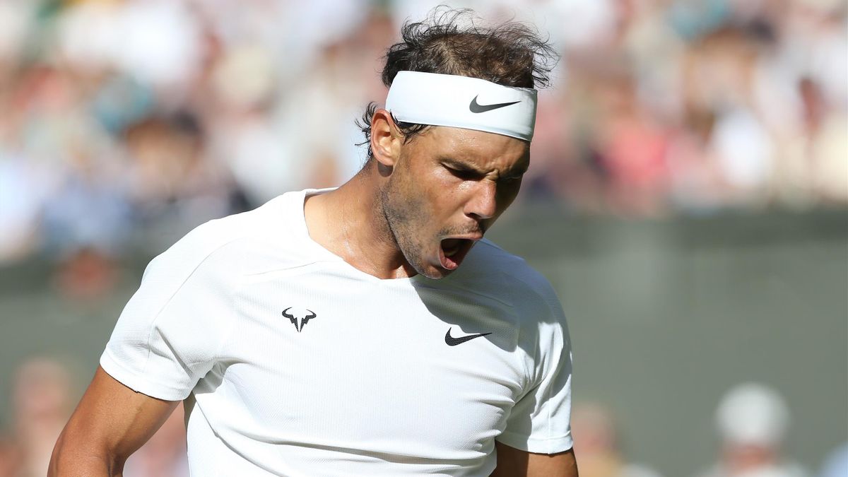 Rafael Nadal of Spain celebrates winning a point against Ricardas Berankis of Lithuania during their Gentlemen's Singles Second Round match during day four of The Championships Wimbledon 2022 at All England Lawn Tennis and Croquet Club on June 30, 2022