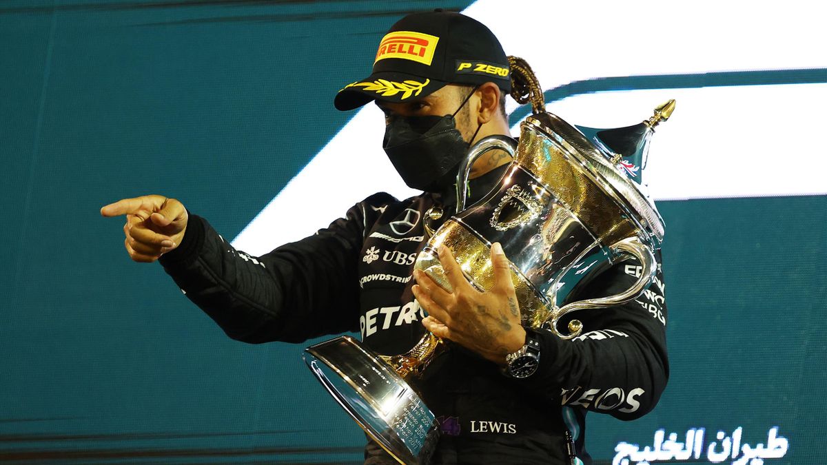 Lewis Hamilton celebrates victory at the Bahrain Grand Prix, Bahrain International Circuit, March 28, 2021
