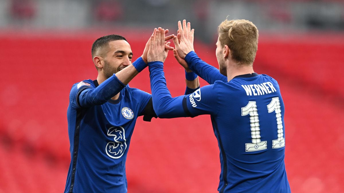 : Hakim Ziyech of Chelsea celebrates with teammate Timo Werner after scoring his team's first goal during the Semi Final of the Emirates FA Cup match between Manchester City and Chelsea FC at Wembley Stadium on April 17, 2021 in London,