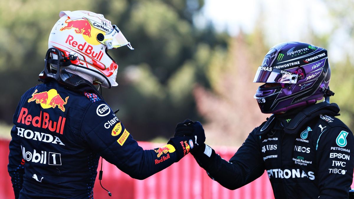 Max Verstappen und Lewis Hamilton nach dem Qualifying in Spanien