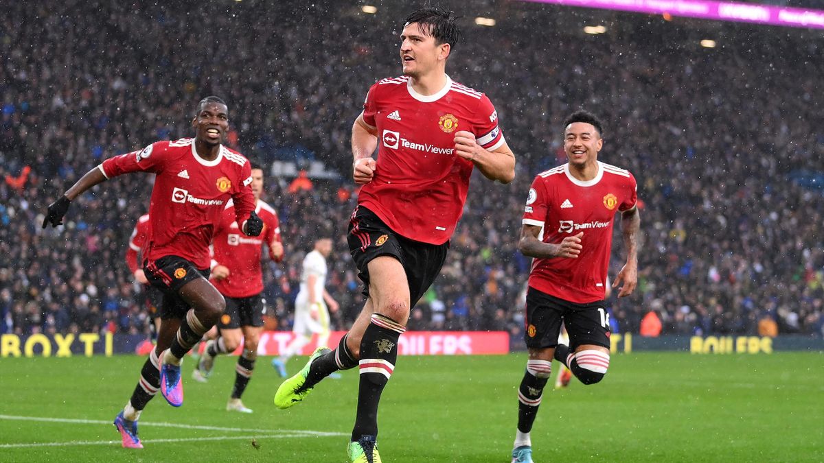 Harry Maguire of Manchester United celebrates after scoring their team's first goal during the Premier League match between Leeds United and Manchester United