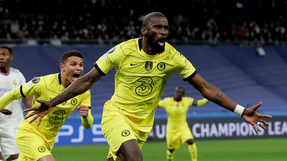 MADRID, SPAIN - APRIL 12: Antonio Rudiger of Chelsea celebrates 0-2 during the UEFA Champions League match between Real Madrid v Chelsea at the Santiago Bernabeu on April 12, 2022 in Madrid Spain (Photo by David S. Bustamante/Soccrates/Getty Images)