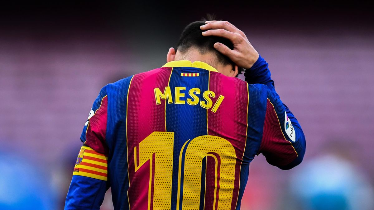 Lionel Messi of FC Barcelona shows his dejection during the La Liga Santander match between FC Barcelona and RC Celta at Camp Nou on May 16, 2021 in Barcelona, Spain
