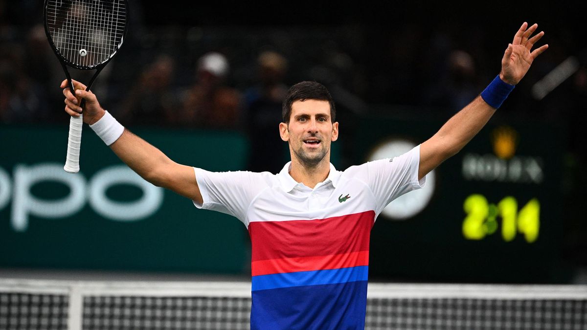 Winner Serbia's Novak Djokovic celebrates after winning against Russia's Daniil Medvedev at the end of their their men's single final tennis match on the last day of the ATP Paris Masters at The AccorHotels Arena in Paris