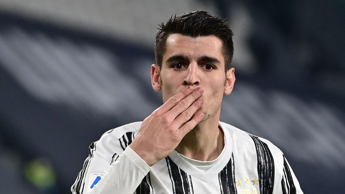 Juventus' Spanish forward Alvaro Morata celebrates after scoring his team's second goal during the Italian Serie A football match between Juventus and Lazio at The Juventus Stadium in Turin, northern Italy on March 6, 2021