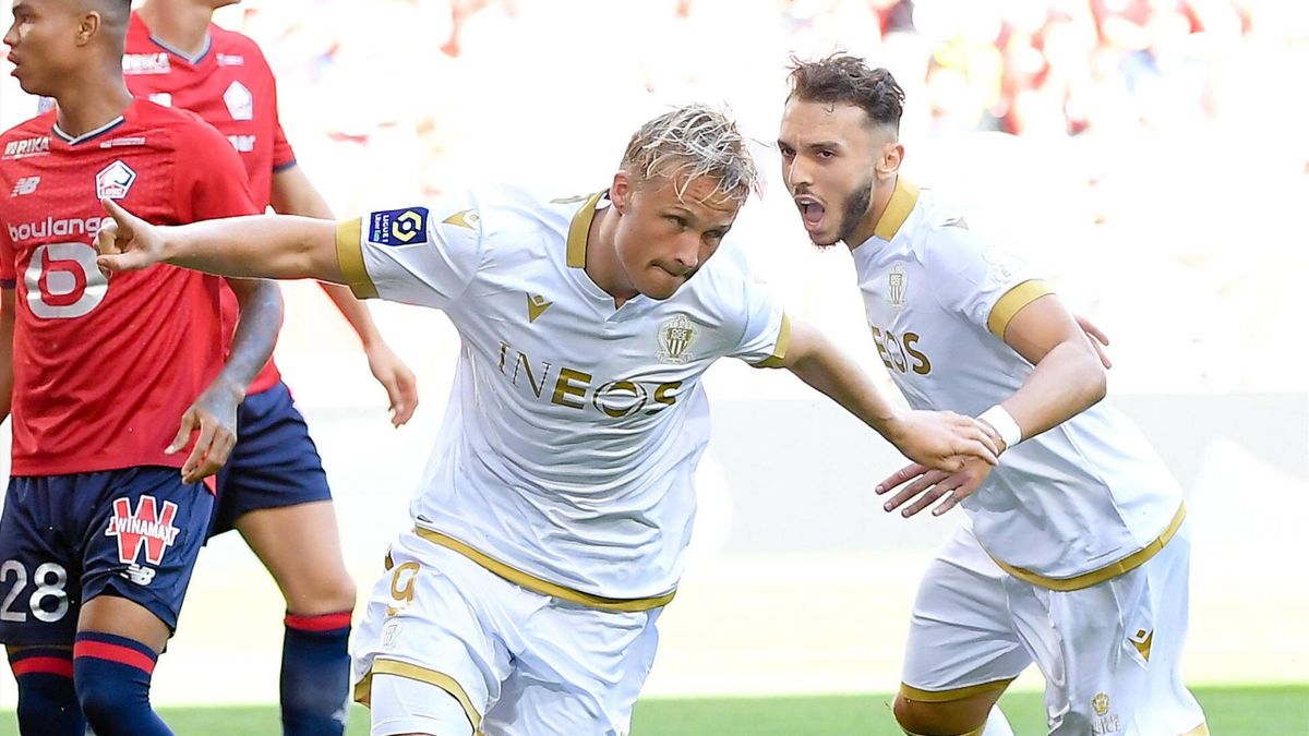 Kasper Dolberg fête son but lors de Lille - Nice / 2e journée de Ligue 2021-2022