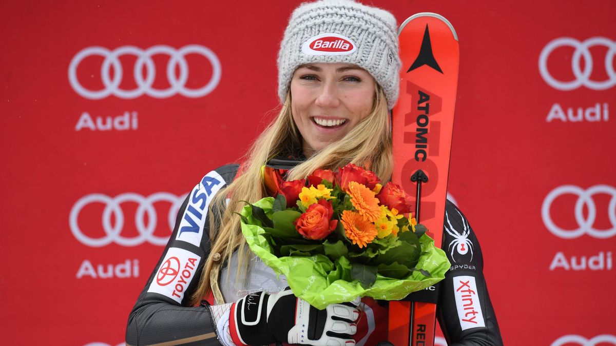 Mikaela Shiffrin poses on the podium after winning the FIS World Cup Women's Slalom event in Ofterschwang, southern Germany