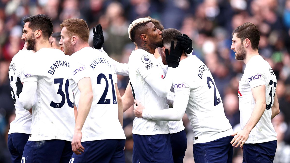 Emerson Royal of Tottenham Hotspur celebrates with teammate Matt Doherty after scoring their side's fourth goal during the Premier League match between Tottenham Hotspur and Newcastle United at Tottenham Hotspur Stadium on April 03, 2022 in London