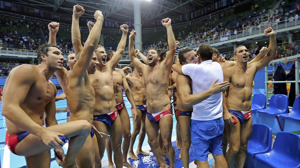 Serbian players celebrate gold medal win against Croatia