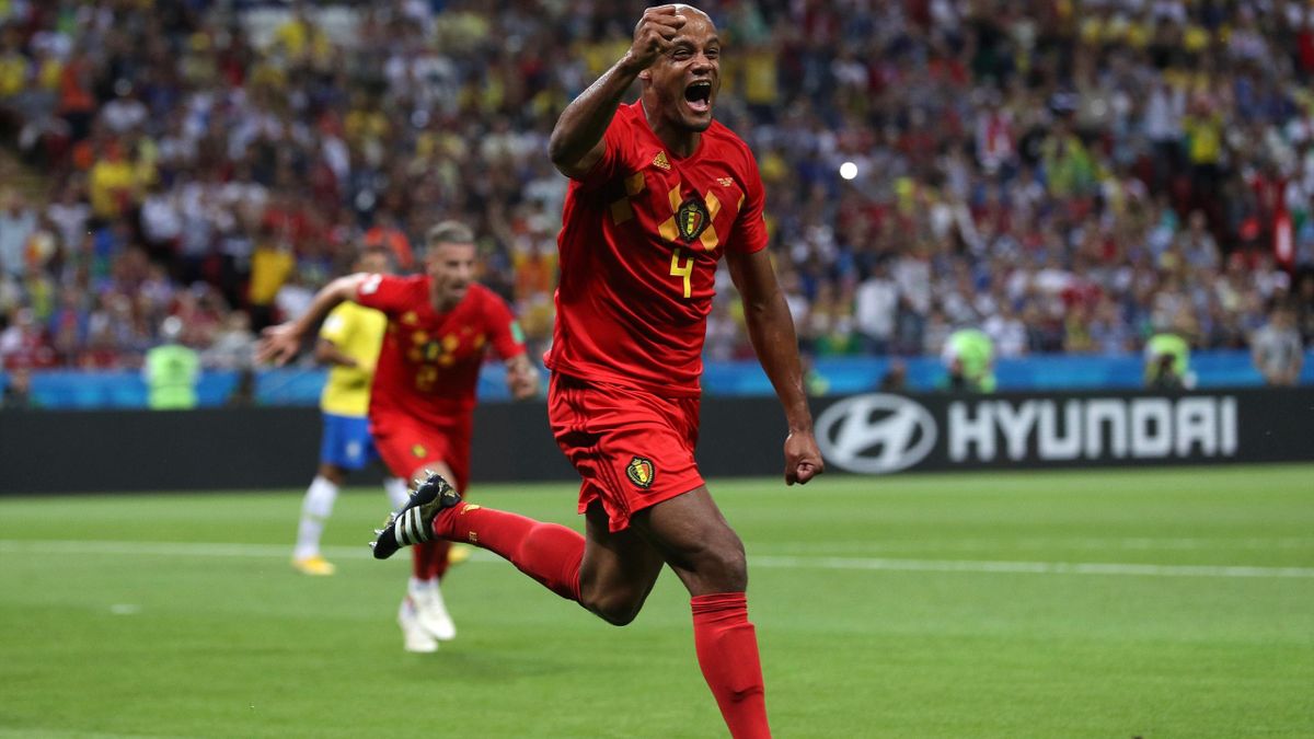 Vincent Kompany of Belgium celebrates his sides first goal, an own goal scored by Fernandinho of Brazil (not pictured) during the 2018 FIFA World Cup Russia Quarter Final match between Brazil and Belgium at Kazan Arena on July 6, 2018 in Kazan, Russia