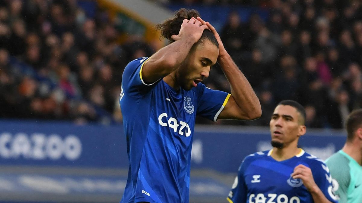 Everton's English striker Dominic Calvert-Lewin reacts after missing a penalty kick during the English Premier League football match between Everton and Brighton and Hove Albion at Goodison Park in Liverpool, north west England on January 2, 2022
