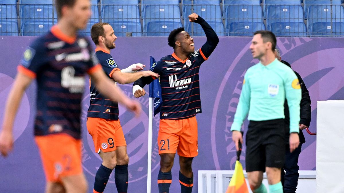La joie d'Elye Wahi après son but lors de Montpellier - Monaco, le 23 janvier 2022 en Ligue 1